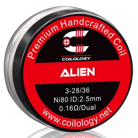 Coilology Hand Crafted Coils Alien 3-28/36 Ni80 0.16Ω Dual 2.5mm ID On White Background