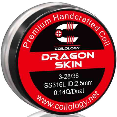 Coilology Hand Crafted Coils Dragon Skin 3-28/36 SS 0.14Ω Dual 2.5mm ID On White Background