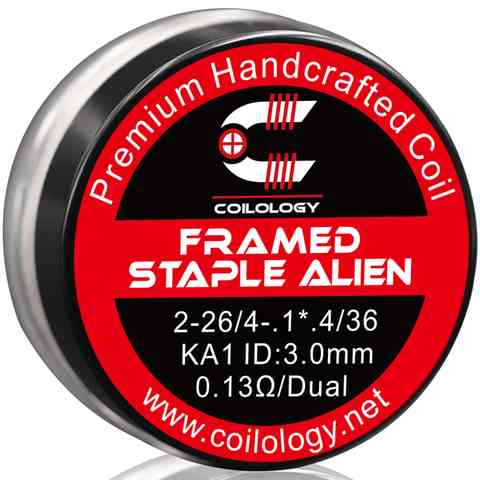 Coilology Hand Crafted Coils Framed Staple Alien 2-26/4-.1* .4/36 KA1 0.13Ω 3mm/Dual On White Background