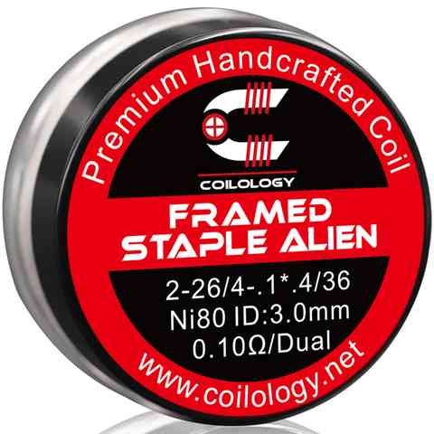 Coilology Hand Crafted Coils Framed Staple Alien 2-26/4-. 4*.1/36 Ni80 0.10Ω Dual 3.0mm ID On White Background