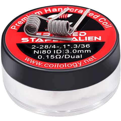 Coilology Hand Crafted Coils Framed Staple Alien 2-28/4-.1* 3/36 Ni80 0.15Ω 3mm/Dual On White Background