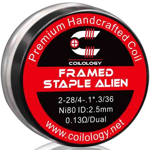 Coilology Hand Crafted Coils Framed Staple Alien 2-28/4-. 3*.1/36 Ni80 0.13Ω Dual 2.5mm ID On White Background