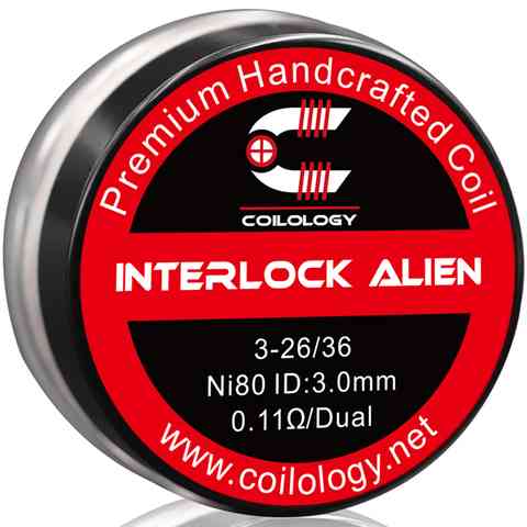 Coilology Hand Crafted Coils Interlock Alien Interlock Alien 3-26/36 Ni80 0.11Ω Dual 3.0mm ID On White Background