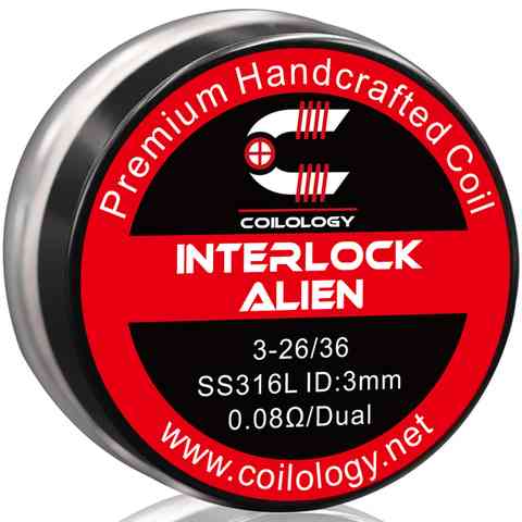 Coilology Hand Crafted Coils Interlock Alien Interlock Alien 3-26/36 SS 0.08Ω Dual 3.0mm ID On White Background