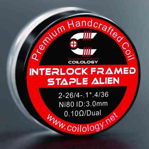Coilology Hand Crafted Coils Interlock Framed Staple Alien 2-26/4-.1*.4/36 Ni80 ID3.0mm 0.10Ω Dual On White Background