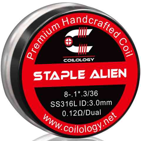 Coilology Hand Crafted Coils Staple Alien 8-. 1*.3/36 SS 0.12Ω Dual 3.0mm ID On White Background