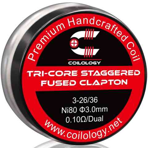 Coilology Hand Crafted Coils Tri-Core Staggered Fused Clapton Ni80 3-26/36 0.1Ω Dual 3mm ID On White Background