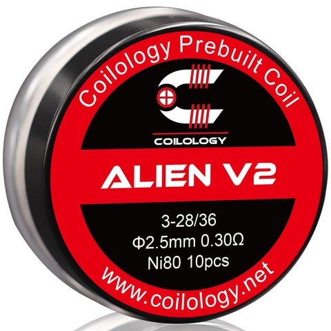 Coilology Prebuilt Performance Coils Alien V2 3-28/36. Ni80 0.30ohm 2.5mm ID On White Background