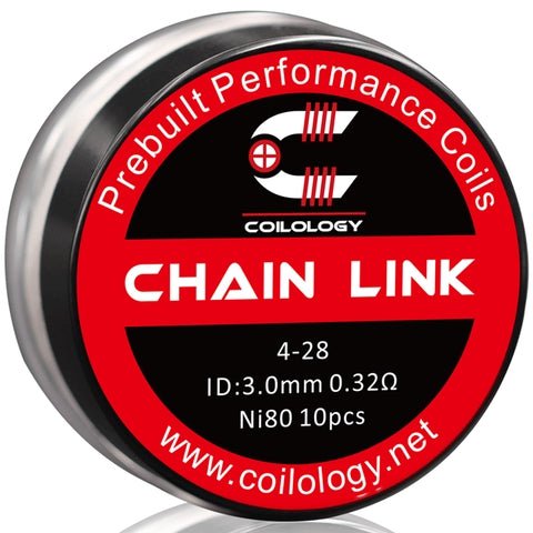 Coilology Prebuilt Performance Coils Chain Link 4-28 0.32ohm ni80 3mm ID On White Background