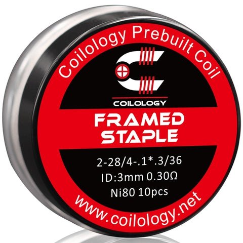 Coilology Prebuilt Performance Coils | Framed Staple 2-28/4-.1*.3/36 0.30ohm ni80 3mm ID On White Background