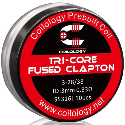 Coilology Prebuilt Performance Coils Tri-Core Fused Clapton 0.33ohm SS 3mm ID On White Background
