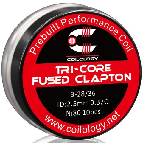 Coilology Prebuilt Performance Coils Tri-Core Fused Clapton 3-28/36 0.32ohm ni80 2.5mm ID On White Background