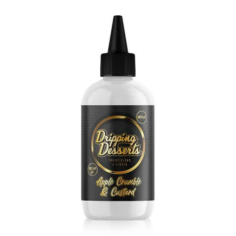 dripping desserts 200ml apple crumble custard on black background