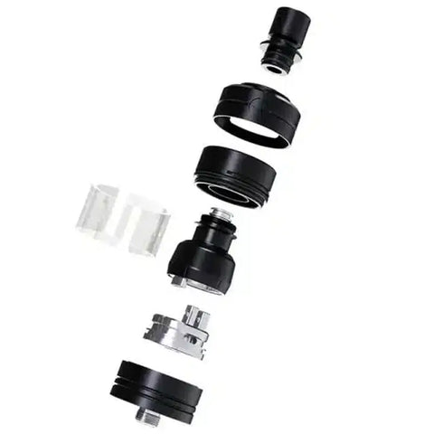 Black and silver vaping components on a white background