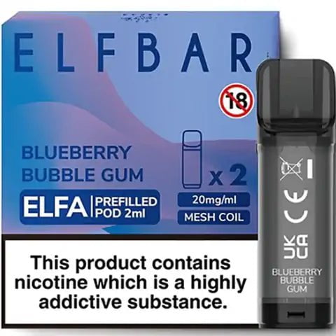 Elf Bar ELFA Pre-Filled Pods Blueberry Bubble Gum On White Background