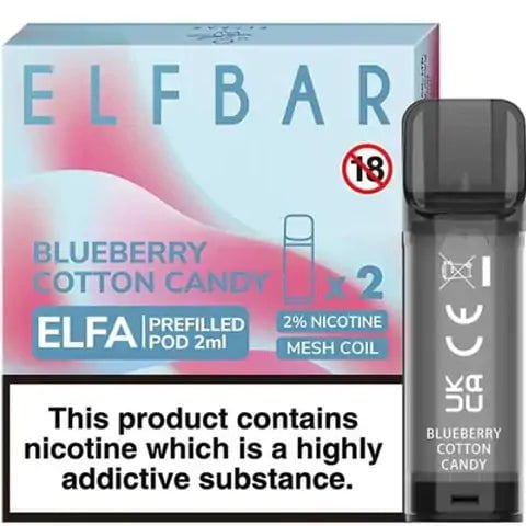 Elf Bar ELFA Pre-Filled Pods Blueberry Cotton Candy On White Background