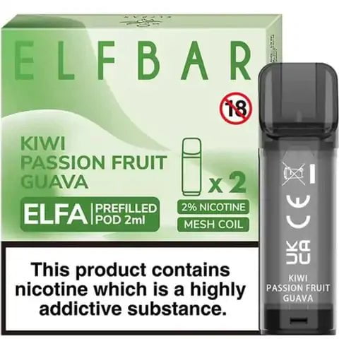 Elf Bar ELFA Pre-Filled Pods Kiwi Passionfruit Guava On White Background