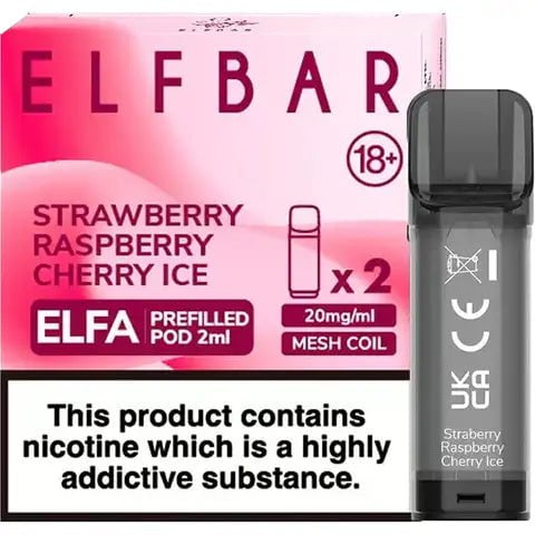 Elf Bar ELFA Pre-Filled Pods Strawberry Raspberry Cherry Ice On White Background