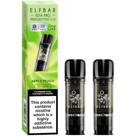 Elf Bar Elfa Pro Pre-filled Pods 20mg 2 apple peach Pods and a box on a white background