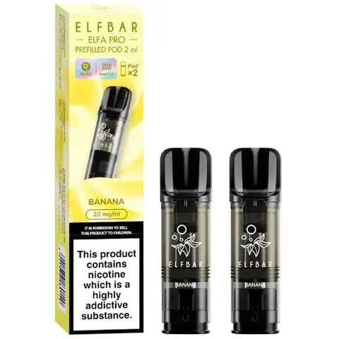 Elf bar elfa pro pre-filled pods 20mg 2 banana Pods and a box on a white background