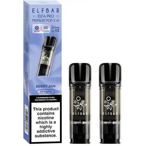 Elf bar elfa pro pre-filled pods 20mg 2 berry jam Pods and a box on a white background