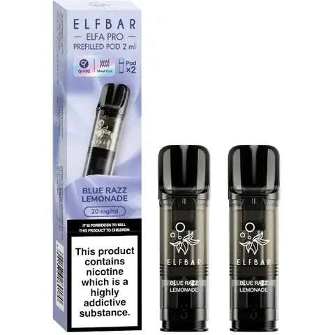 Elf bar elfa pro pre-filled pods 20mg 2 blue razz lemonade pods and a box on a white background