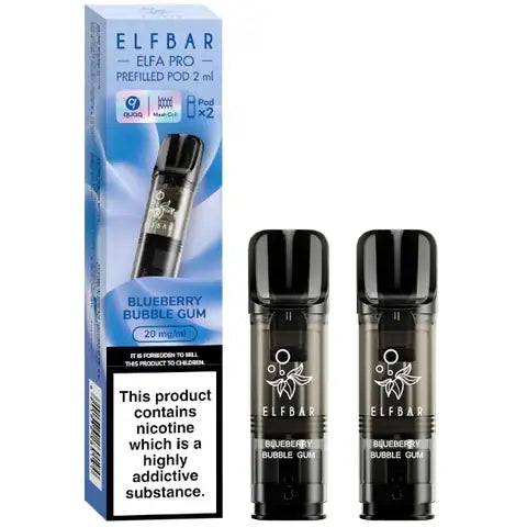 Elf bar elfa pro pre-filled pods 20mg 2 blueberry bubblegum pods and a box on a white background