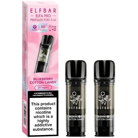Elf bar elfa pro pre-filled pods 20mg 2 blueberry cotton candy pods and a box on a white background