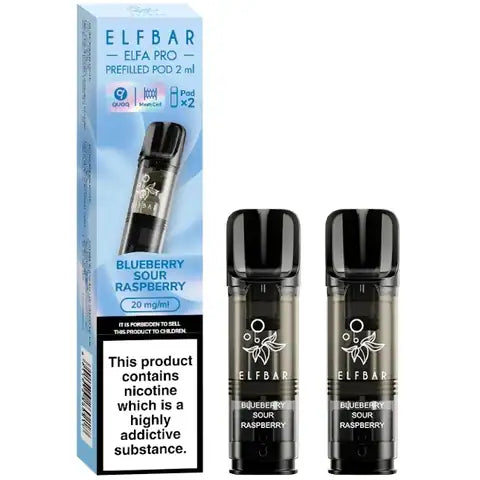 Elf bar elfa pro pre-filled pods 20mg 2 blueberry sour raspberry pods and a box on a white background