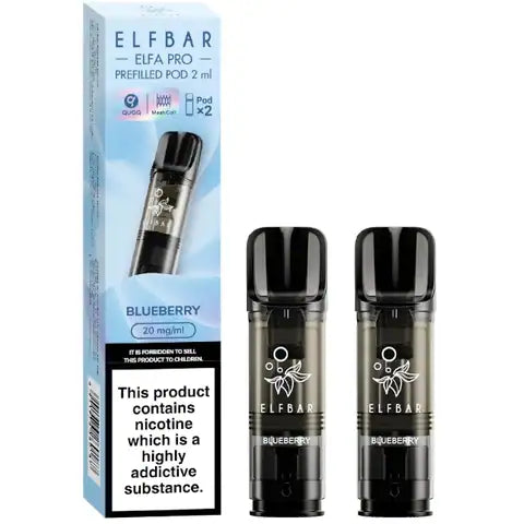 Elf bar elfa pro pre-filled pods 20mg 2 blueberry pods and a box on a white background