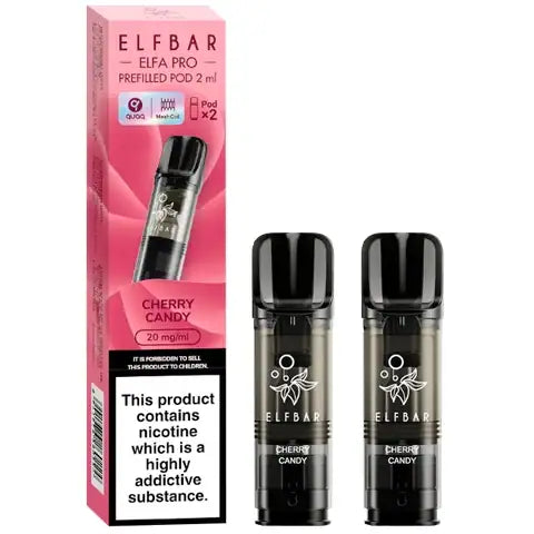 Elf bar elfa pro pre-filled pods 20mg 2 cherry candy and a box on a white background