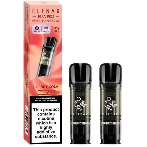 Elf Bar Elfa Pro Pre-filled Pods 20mg 2 Cherry Cola Pods and A Box On A White Background