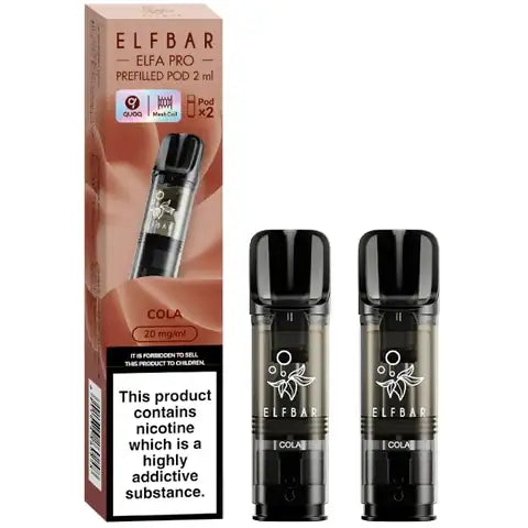 Elf Bar Elfa Pro Pre-filled Pods 20mg 2 Cola Pods and A Box On A White Background