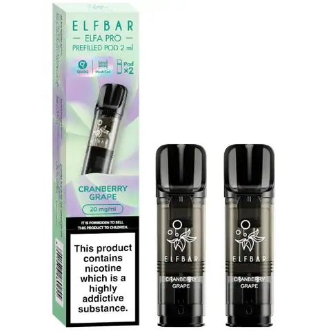 Elf Bar Elfa Pro Pre-filled Pods 20mg 2 Cranberry Grape Pods and A Box On A White Background