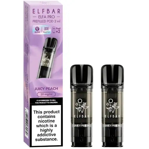 Elf Bar Elfa Pro Pre-filled Pods 20mg 2 Juicy Peach Pods and A Box On A White Background