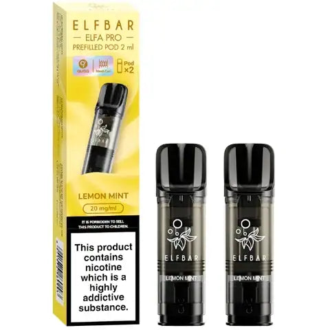 Elf Bar Elfa Pro Pre-filled Pods 20mg 2 Lemon Mint Pods and A Box On A White Background