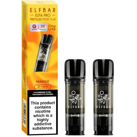 Elf Bar Elfa Pro Pre-filled Pods 20mg 2 Mango Pods and A Box On A White Background