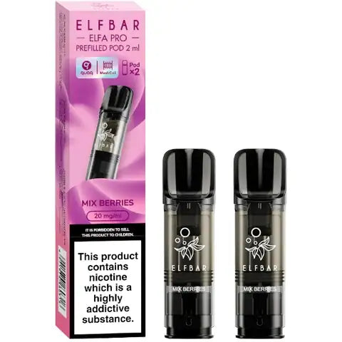 Elf Bar Elfa Pro Pre-filled Pods 20mg 2 Mix Berries Pods and A Box On A White Background