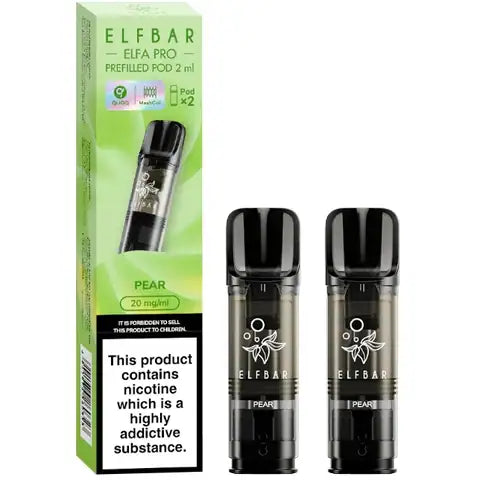 Elf Bar Elfa Pro Pre-filled Pods 20mg 2 Pear Pods and A Box On A White Background
