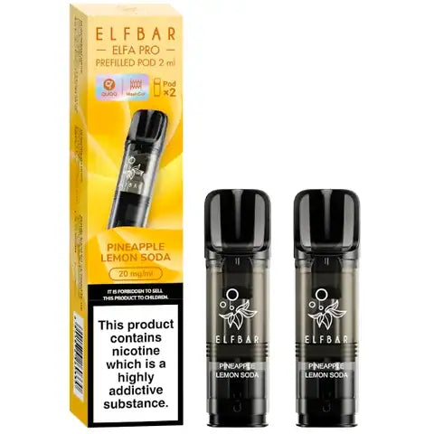 Elf Bar Elfa Pro Pre-filled Pods 20mg 2 Pineapple Lemon Soda Pods and A Box On A White Background