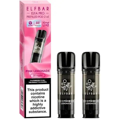 Elf Bar Elfa Pro Pre-filled Pods 20mg 2 Pink Lemonade Pods and A Box On A White Background