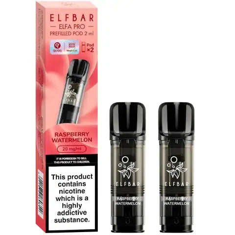 Elf Bar Elfa Pro Pre-filled Pods 20mg 2 Raspberry Watermelon Pods and A Box On A White Background