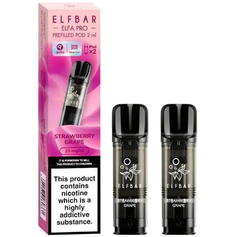 Elf Bar Elfa Pro Pre-filled Pods 20mg 2 Strawberry Grape Pods and A Box On A White Background