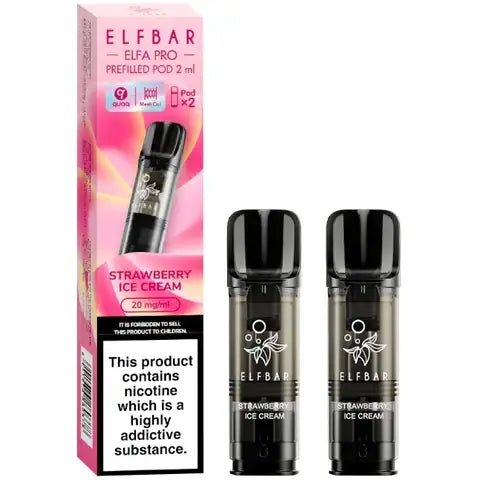 Elf Bar Elfa Pro Pre-filled Pods 20mg 2 Strawberry Ice Cream Pods and A Box On A White Background