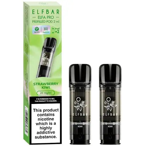 Elf Bar Elfa Pro Pre-filled Pods 20mg 2 Strawberry Kiwi Pods and A Box On A White Background