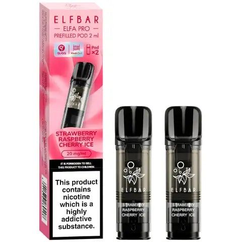 Elf Bar Elfa Pro Pre-filled Pods 20mg 2 Strawberry Raspberry Cherry Ice Pods and A Box On A White Background