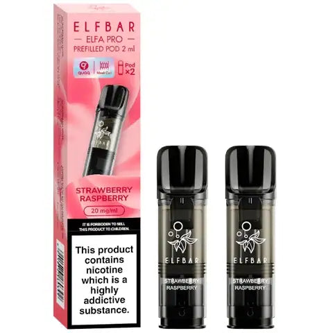 Elf Bar Elfa Pro Pre-filled Pods 20mg 2 Strawberry Raspberry Pods and A Box On A White Background