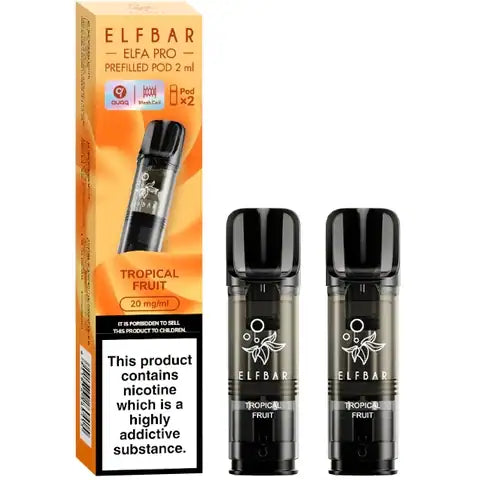 Elf Bar Elfa Pro Pre-filled Pods 20mg 2 Tropical Fruit Pods and A Box On A White Background