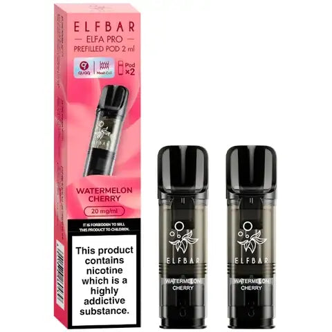 Elf Bar Elfa Pro Pre-filled Pods 20mg 2 Watermelon Cherry Pods and A Box On A White Background