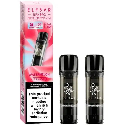 Elf Bar Elfa Pro Pre-filled Pods 20mg 2 Watermelon Pods and A Box On A White Background